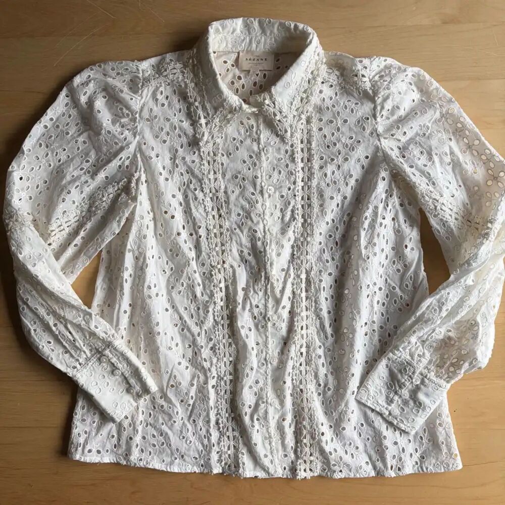 Sézane Cara Eyelet Blouse in Cream Cotton Boho Button Down Romantic Size 34
